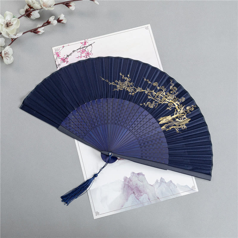 Silk Bamboo Chinese Folding Fan 22.5cm with Crane Dragonfly Motifs