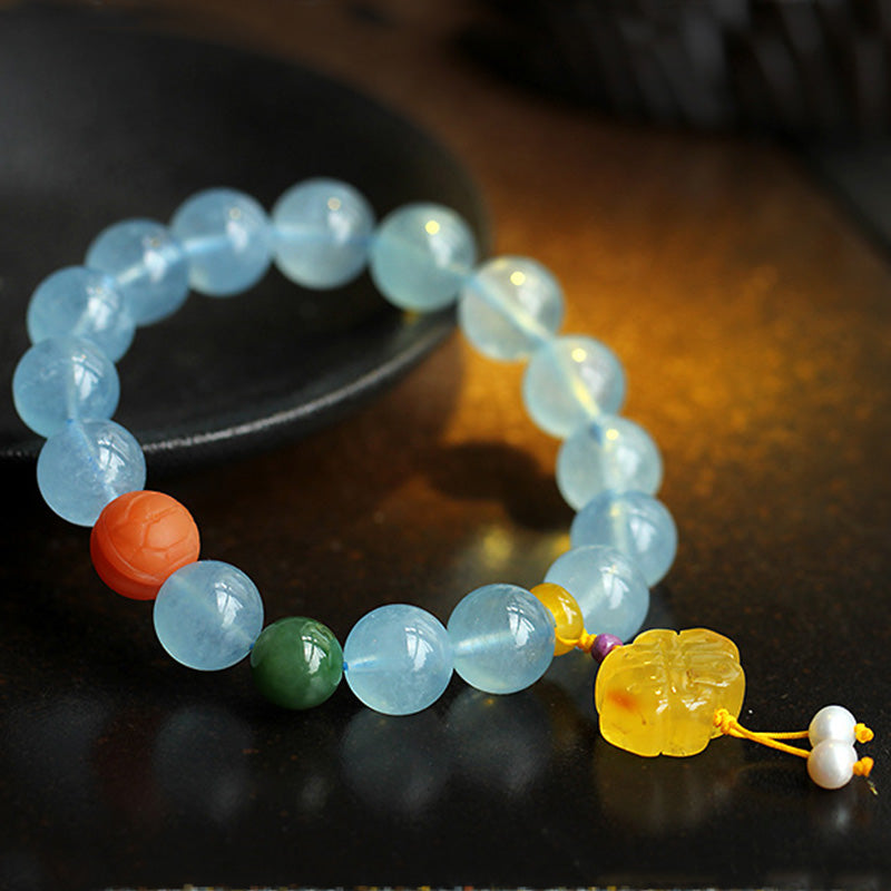 Aquamarine & Amber Peace Bracelet with Chinese Knot Charm