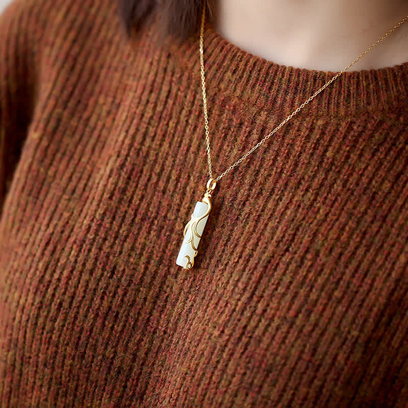 White Jade Copper Dragon Pendant Necklace for Protection