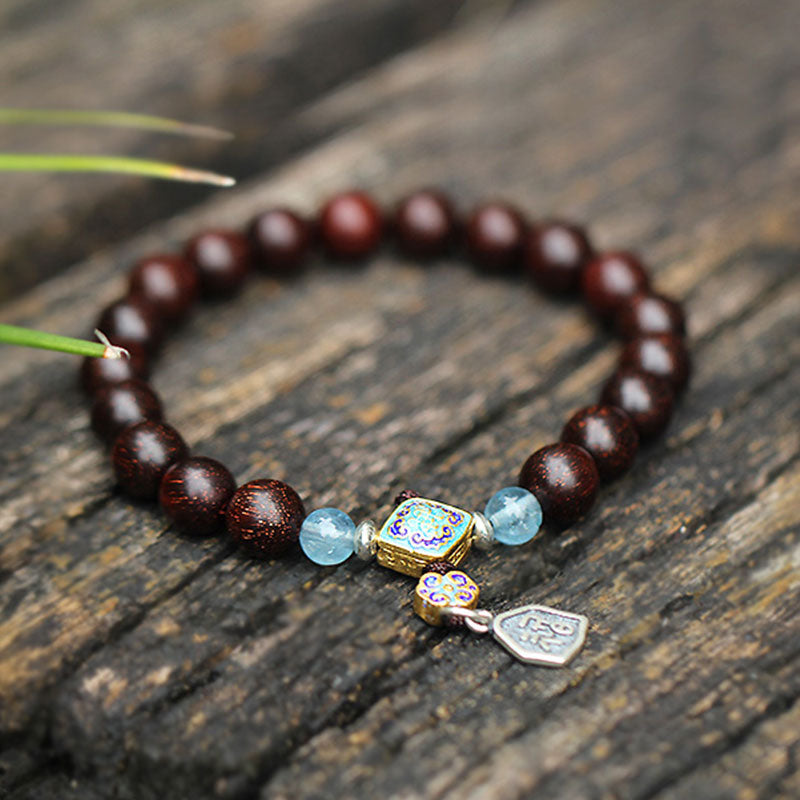 Aquamarine Bracelet with Red Sandalwood & 925 Silver Blessings