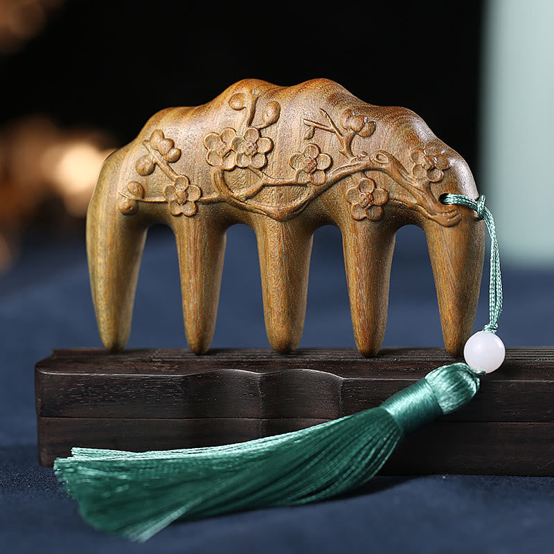 Green Sandalwood Tassel Comb with Lotus & Koi Fish Symbols