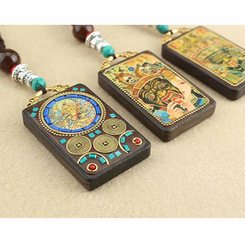 Ebony Wood Necklace Pendant with Five Gods of Wealth | Peace