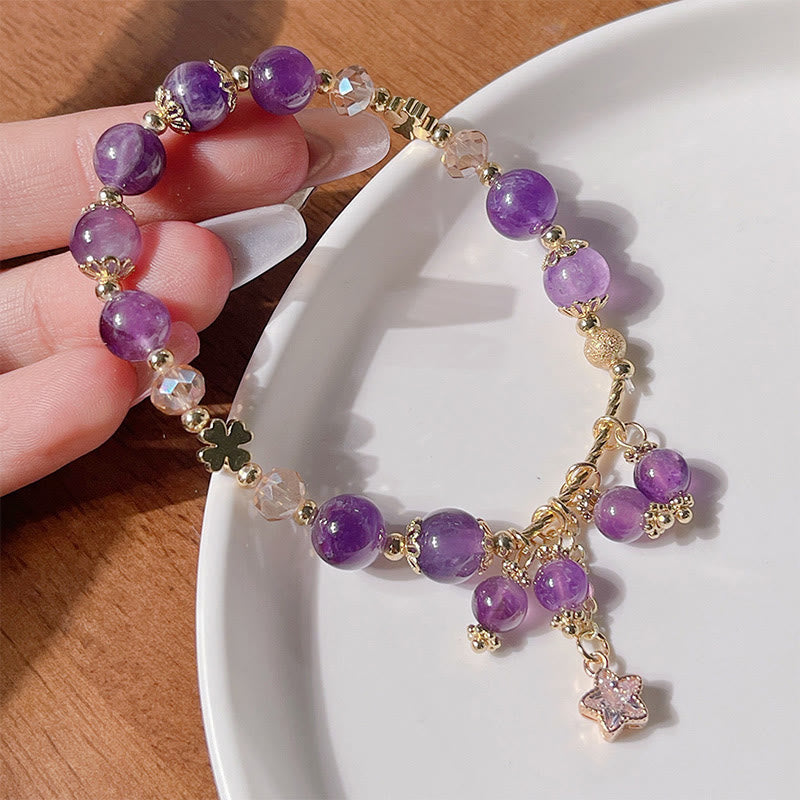 8 mm Amethyst-Armband mit vierblättrigem Kleeblatt