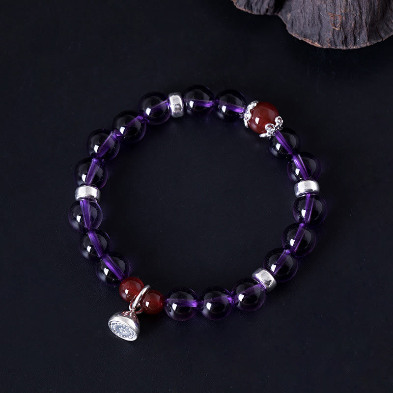 8 mm Amethyst-Rot-Achat-Sterlingsilber-Positivarmband