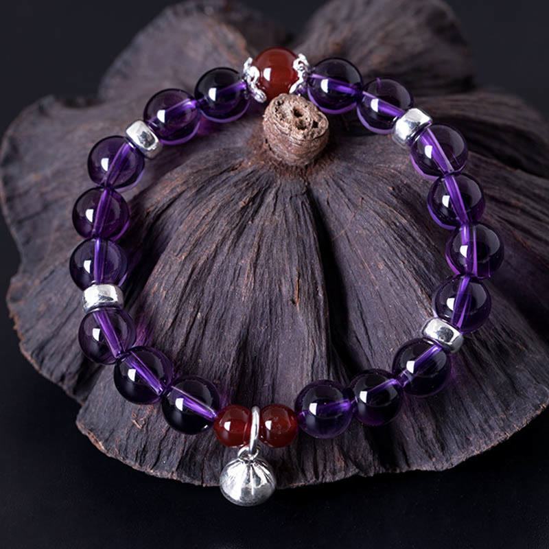 8 mm Amethyst-Rot-Achat-Sterlingsilber-Positivarmband