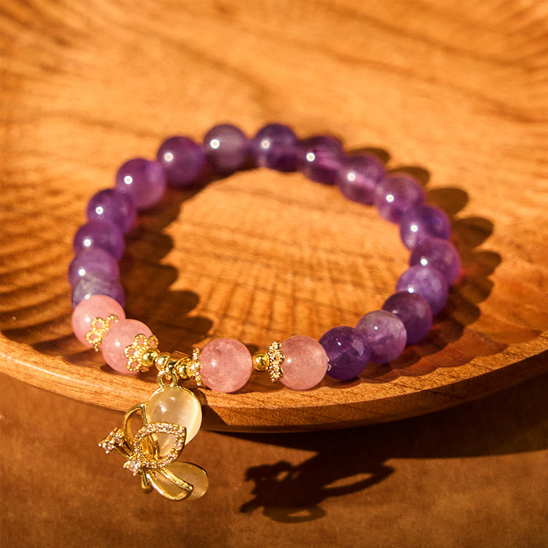 8 mm Amethyst &amp; Erdbeerquarz Schmetterling Charm Armband