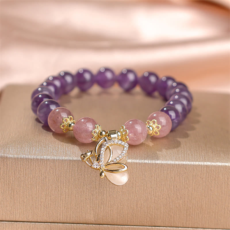 8 mm Amethyst Erdbeerquarz Schmetterling Charm Armband