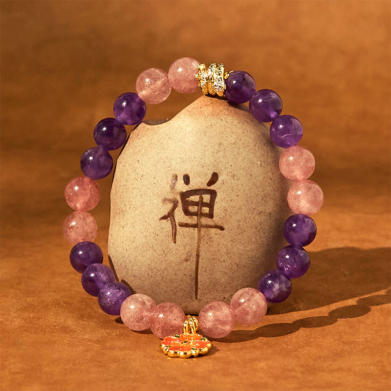 8 mm Amethyst Erdbeerquarz Blumen Charm Heilarmband