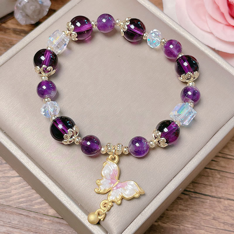8 mm Amethyst- und Sonnenstein-Friedensschmetterlingsarmband