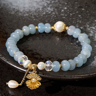 8 mm Aquamarin-Perlen-Muschel-Heilarmband für Gelassenheit