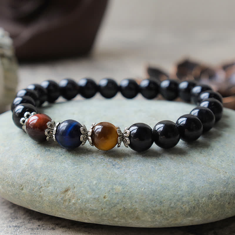 8 mm schwarzes Obsidian-Armband mit dreifarbigem Tigerauge