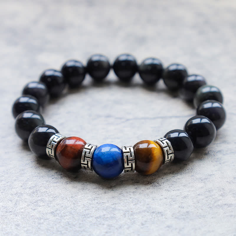 8 mm schwarzes Obsidian-Armband mit dreifarbigem Tigerauge