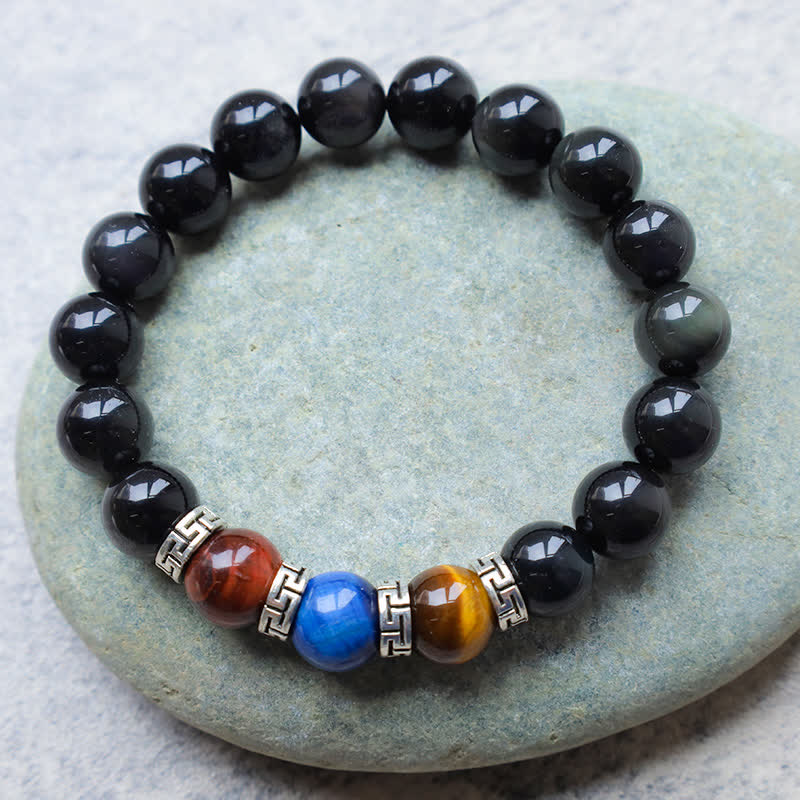 8 mm schwarzes Obsidian-Armband mit dreifarbigem Tigerauge