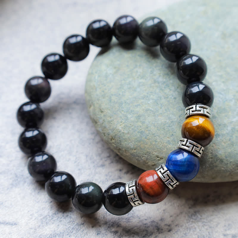 8 mm schwarzes Obsidian-Armband mit dreifarbigem Tigerauge