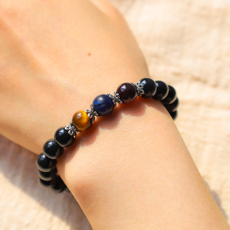 8 mm schwarzes Obsidian-Armband mit dreifarbigem Tigerauge