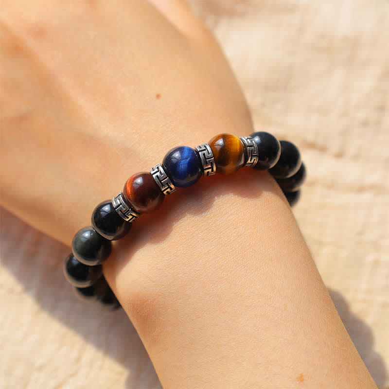 8 mm schwarzes Obsidian-Armband mit dreifarbigem Tigerauge