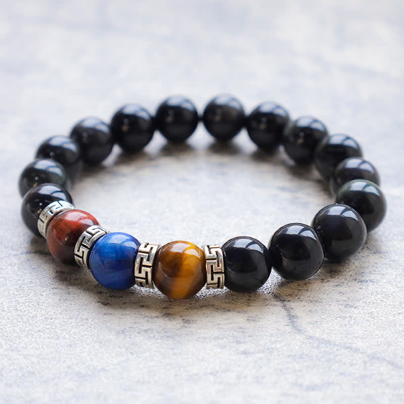 8 mm schwarzes Obsidian-Armband mit dreifarbigem Tigerauge