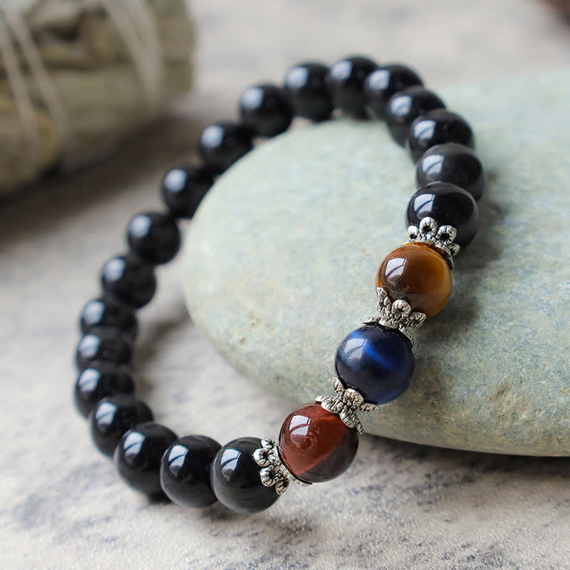 8 mm schwarzes Obsidian-Armband mit dreifarbigem Tigerauge