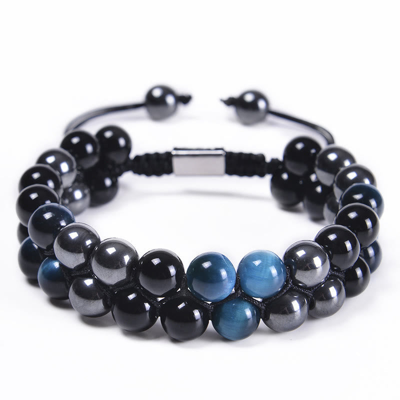 8 mm blaues Tigerauge-Armband mit schwarzem Obsidian und Magnetit