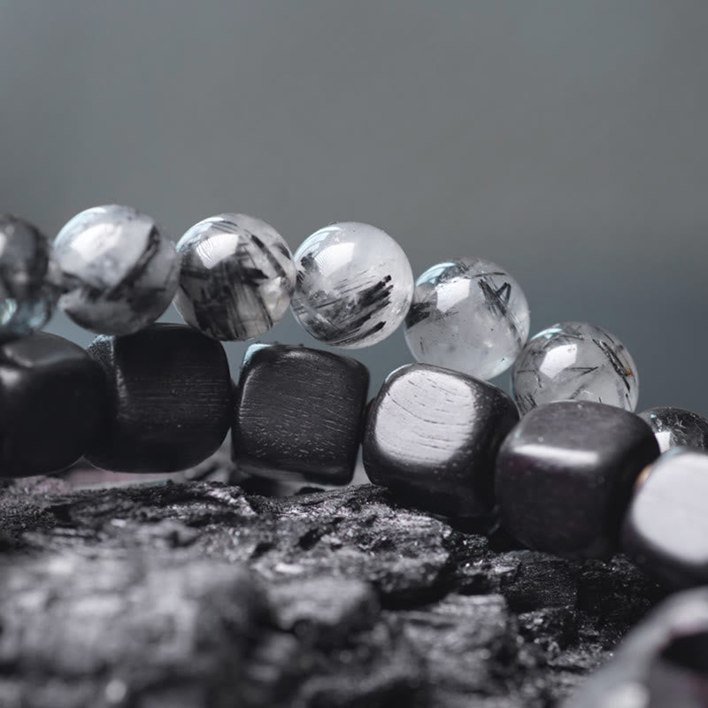 8 mm Ebenholz-Armband mit schwarzem Rutilquarz, doppelt gewickelt