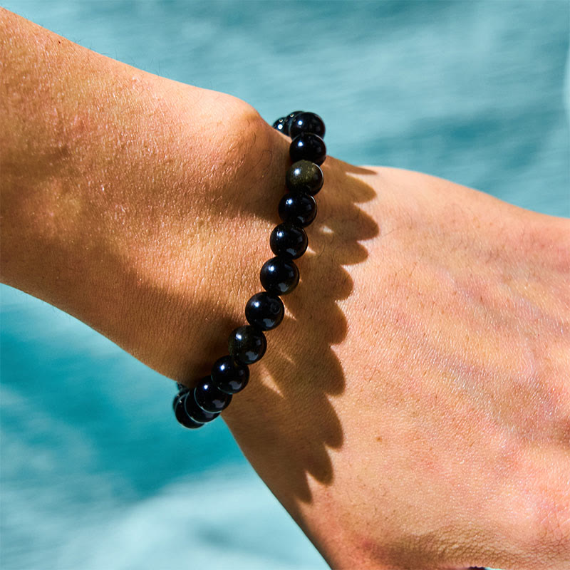 8 mm Schutzarmband aus Obsidian und schwarzem Turmalin mit Goldglanz