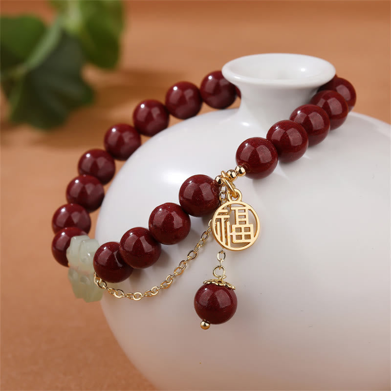 8 mm Hetian Jade Jade Armband mit Cinnabar Fu Blessing Charm