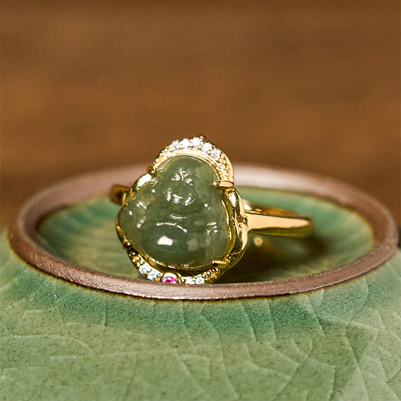 8 mm Hetian Jade Lachender Buddha Ring für Glück und Wohlstand