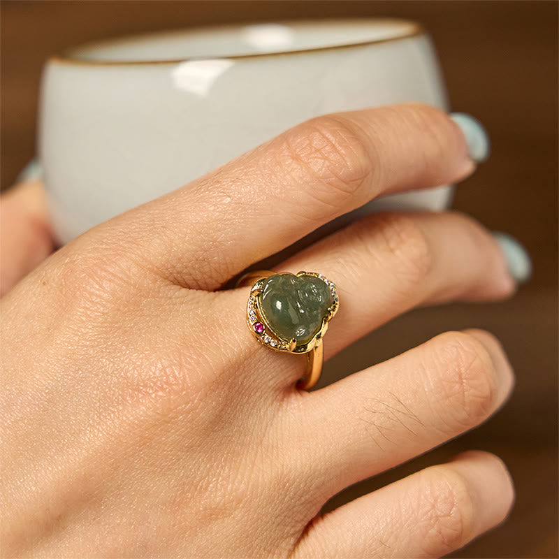 8 mm Hetian Jade Lachender Buddha Ring für Glück und Wohlstand