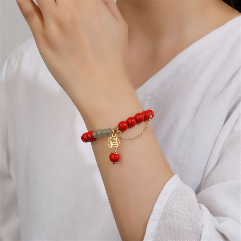 8 mm Jadearmband mit Zinnober und Fu-Zeichensymbol
