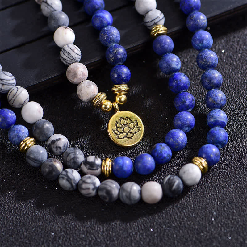 8 mm Lotus-Armband mit Lazurite und Picasso-Jaspis für Balance
