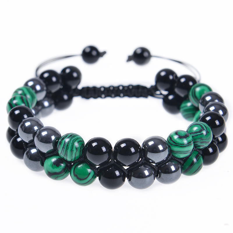 8 mm Malachit-Armband mit schwarzen Obsidian- und Magnetitperlen