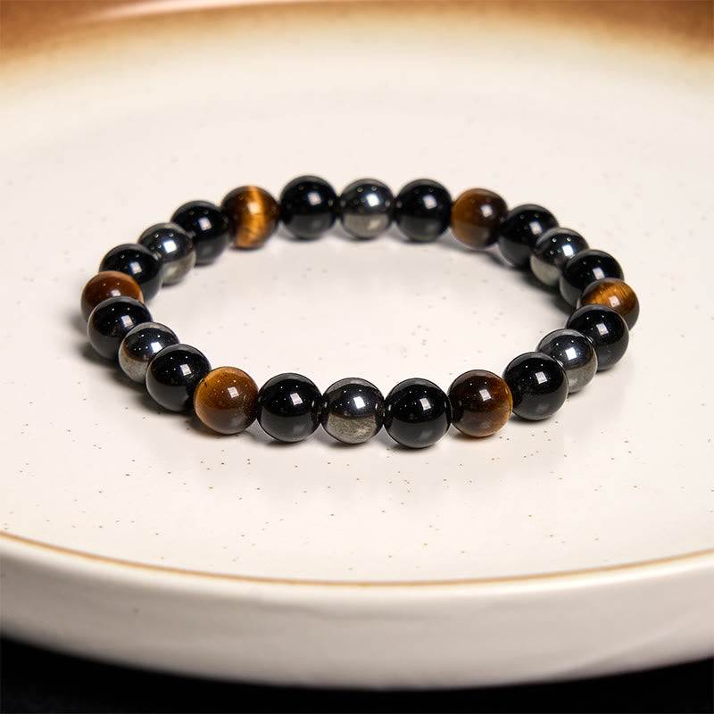 8 mm Herren-Armband aus gelbem Tigerauge, Obsidian und Hämatit zum Schutz