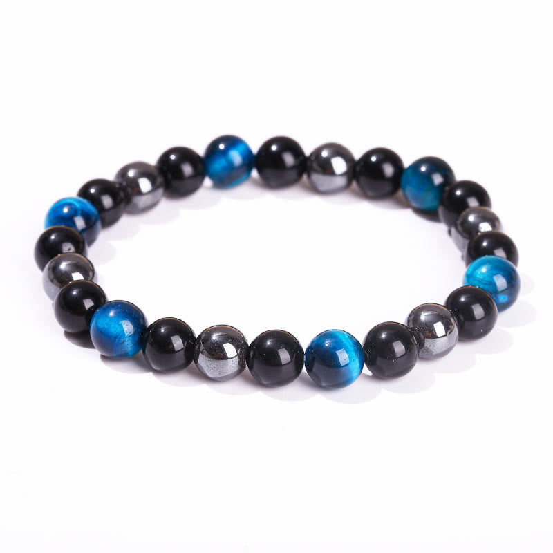 8 mm Herren-Armband aus gelbem Tigerauge, Obsidian und Hämatit zum Schutz