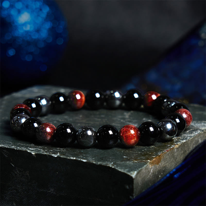8 mm Herren-Armband aus gelbem Tigerauge, Obsidian und Hämatit zum Schutz