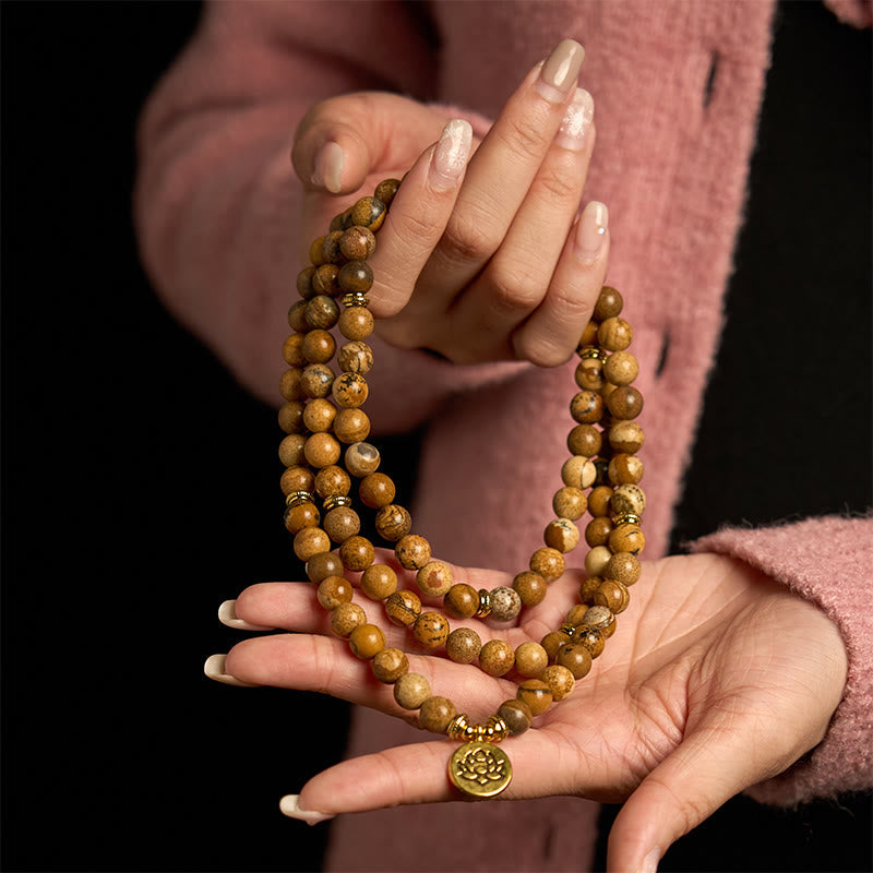 8mm Bildjaspis Courage Mala Armband Lotus Charm