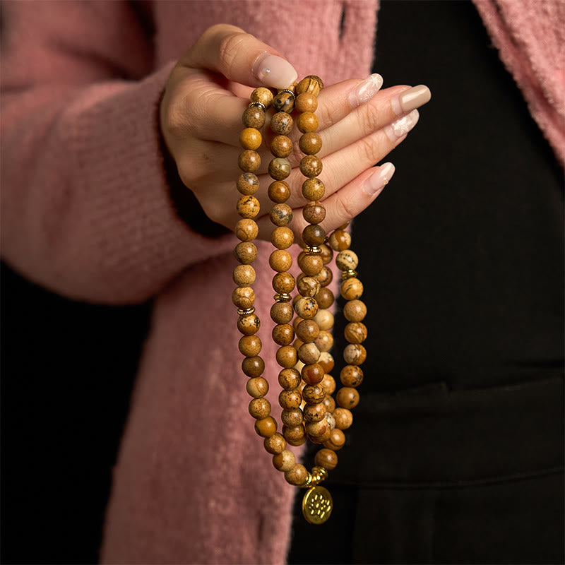 8mm Bildjaspis Courage Mala Armband Lotus Charm