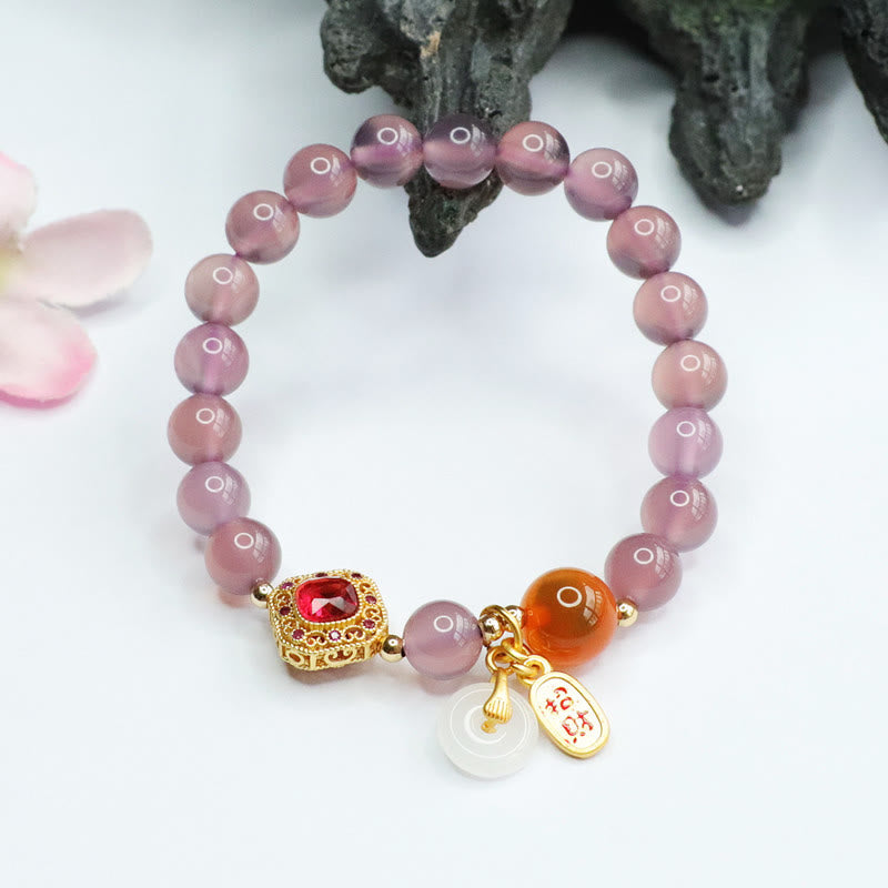 8 mm violettes Chalcedon-Armband mit Peace-Schnalle und Achat für Glück