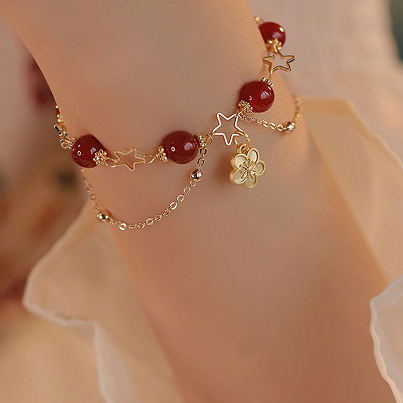 8 mm rotes Achat-Calm-Armband mit Sternblumen-Anhänger