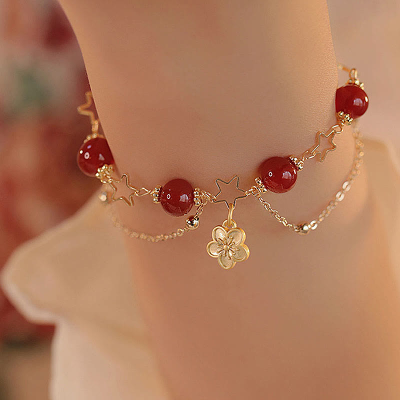 8 mm rotes Achat-Calm-Armband mit Sternblumen-Anhänger