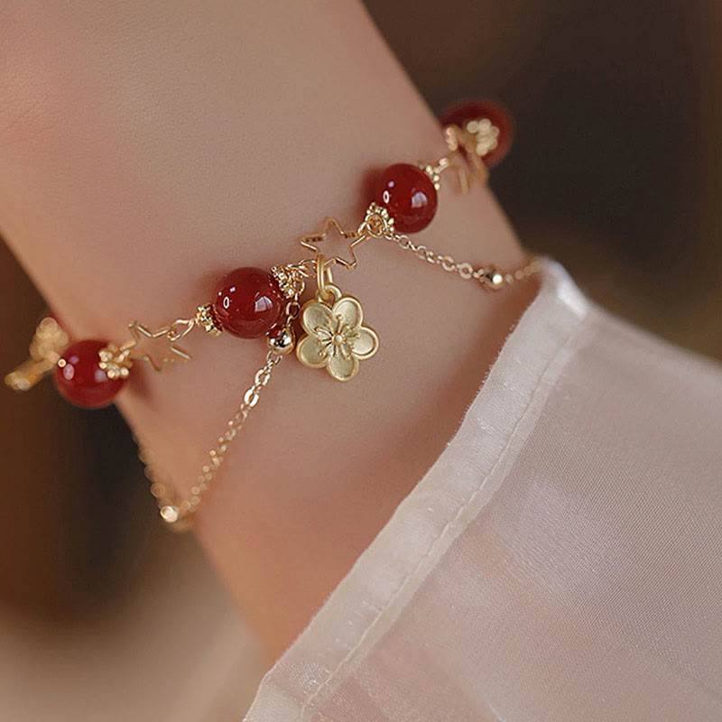 8 mm rotes Achat-Calm-Armband mit Sternblumen-Anhänger