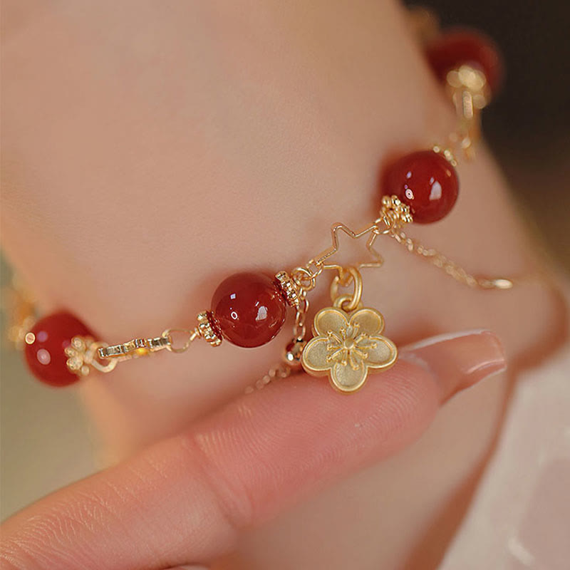 8 mm rotes Achat-Calm-Armband mit Sternblumen-Anhänger