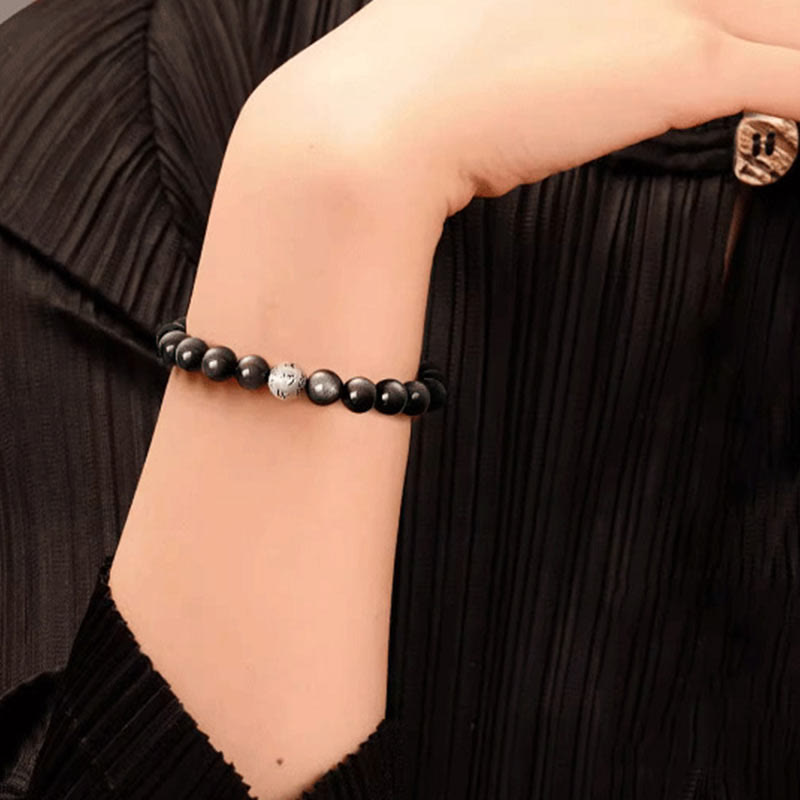 8 mm silbernes Obsidian-Armband „Om Mani Padme Hum“