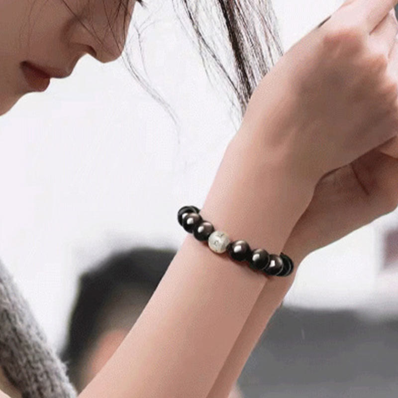 8 mm silbernes Obsidian-Armband „Om Mani Padme Hum“