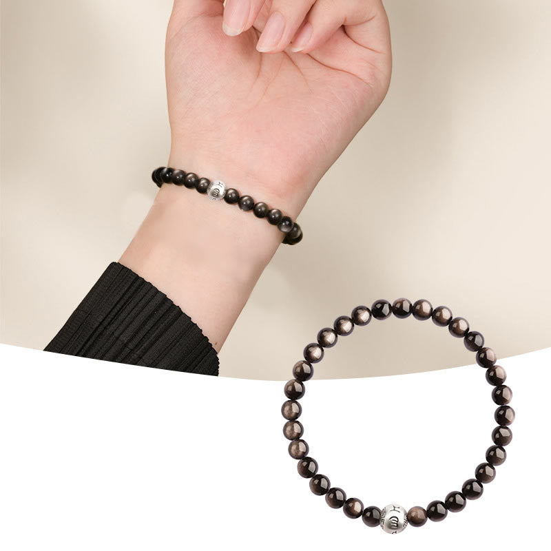 8 mm silbernes Obsidian-Armband „Om Mani Padme Hum“