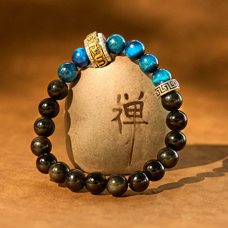 8 mm silbernes Glanz-Obsidian-Armband „Om Mani Padme Hum“