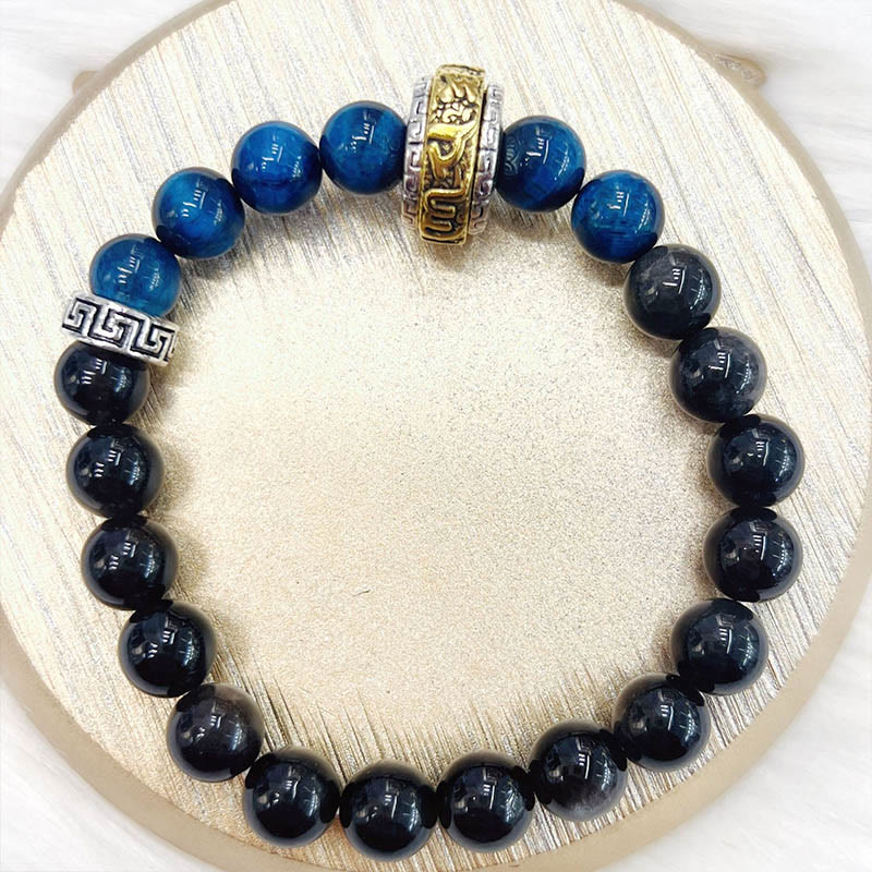8 mm silbernes Schutzarmband aus Obsidian mit blauem Tigerauge