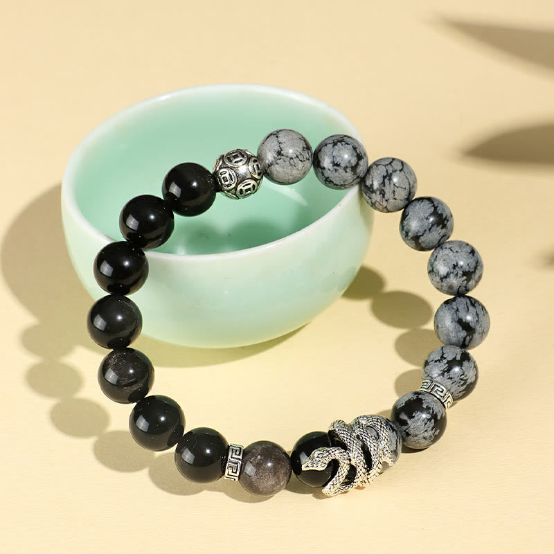 8 mm Silberglanz Obsidian Weiß Türkis Schutzarmband für Schlange Jahr 2025