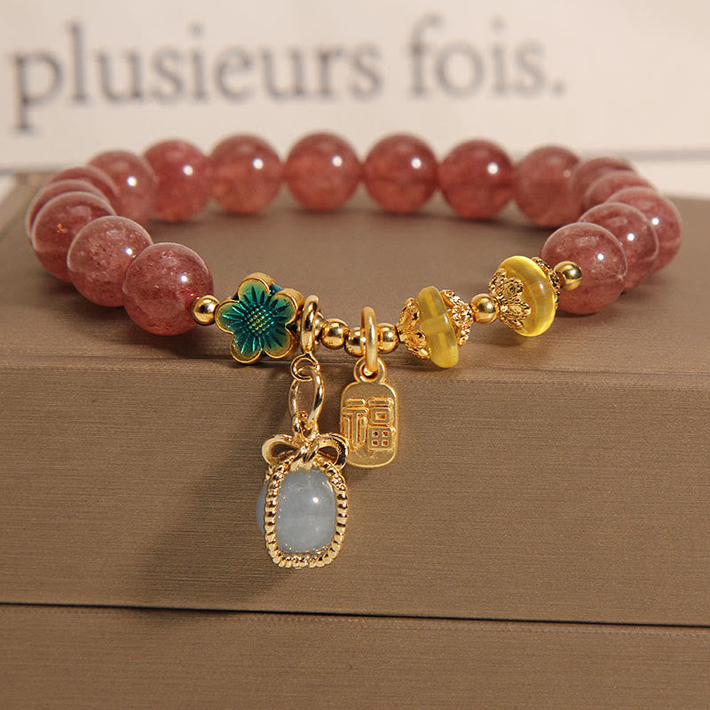 8 mm Erdbeerquarz-Aquamarin-Glücksarmband für die Liebe