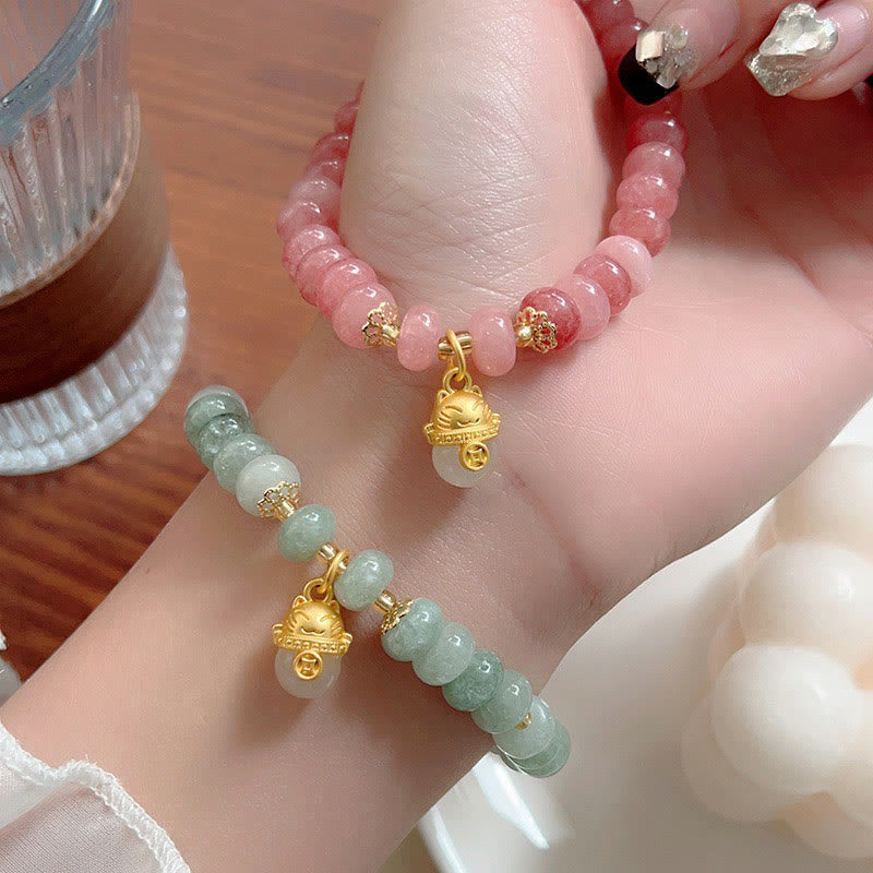 8 mm Erdbeerquarz Cyan Jade Glückskatze Heilarmband