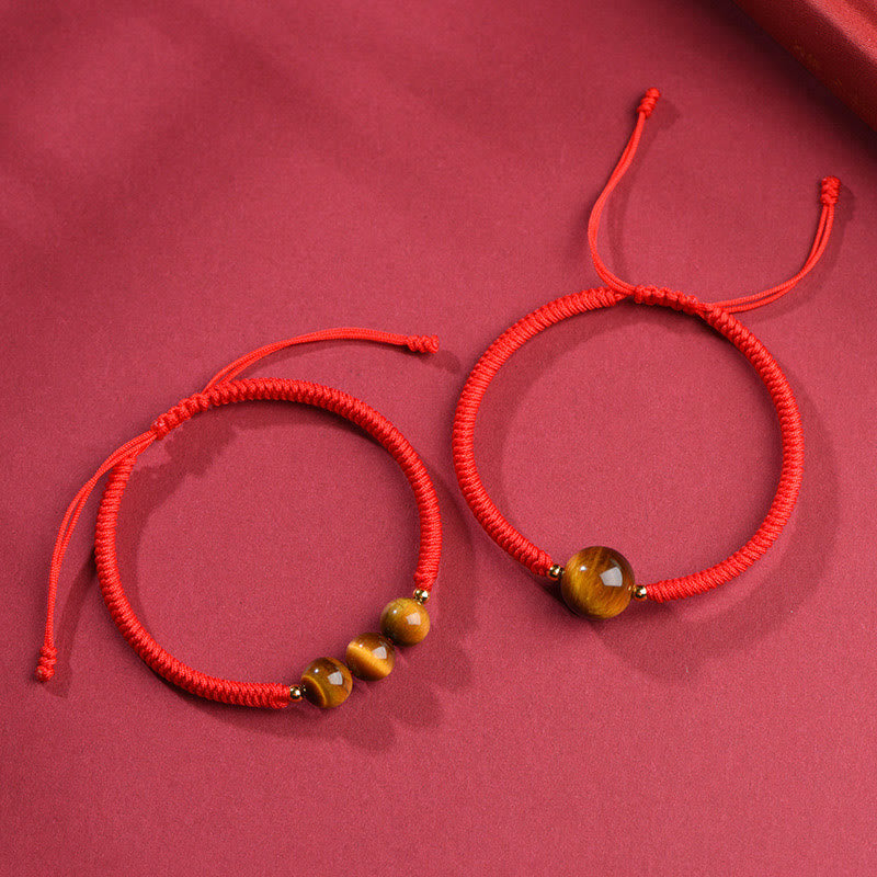 8 mm großes Schutzarmband mit drei Perlen und Tigerauge, mit rotem oder schwarzem Seil